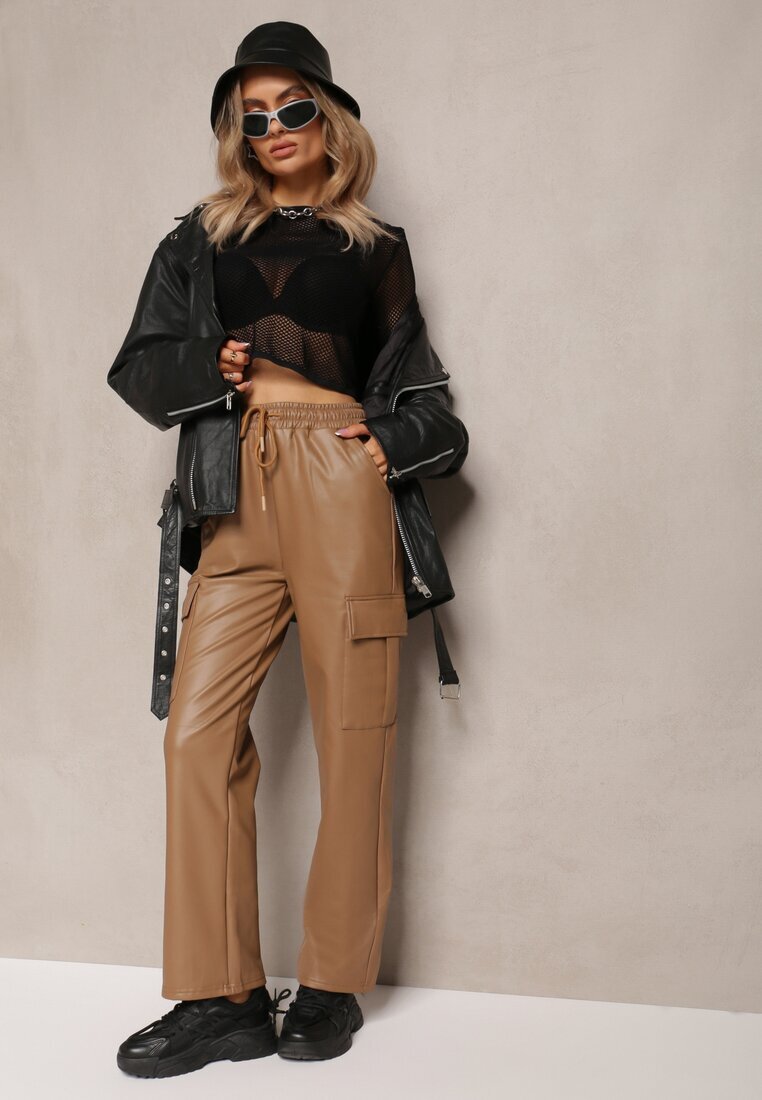 defox Pantaloni largi Bej închis cu talie înaltă căptușiți în stil cargo cu elastic în talie și buzunare cu clape Vilencja