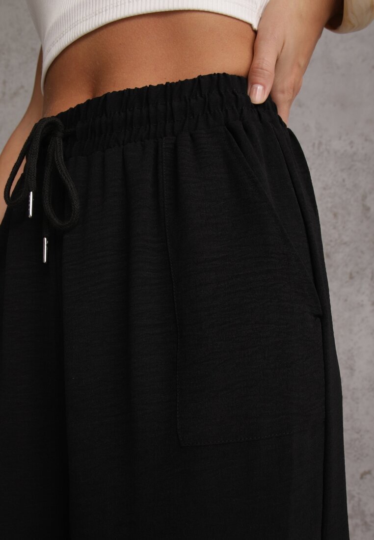 defox Pantaloni Largi Negri cu Vâscoză cu Elastic în Talie Lealirre