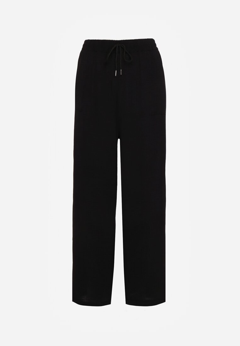 defox Pantaloni Largi Negri cu Vâscoză cu Elastic în Talie Lealirre