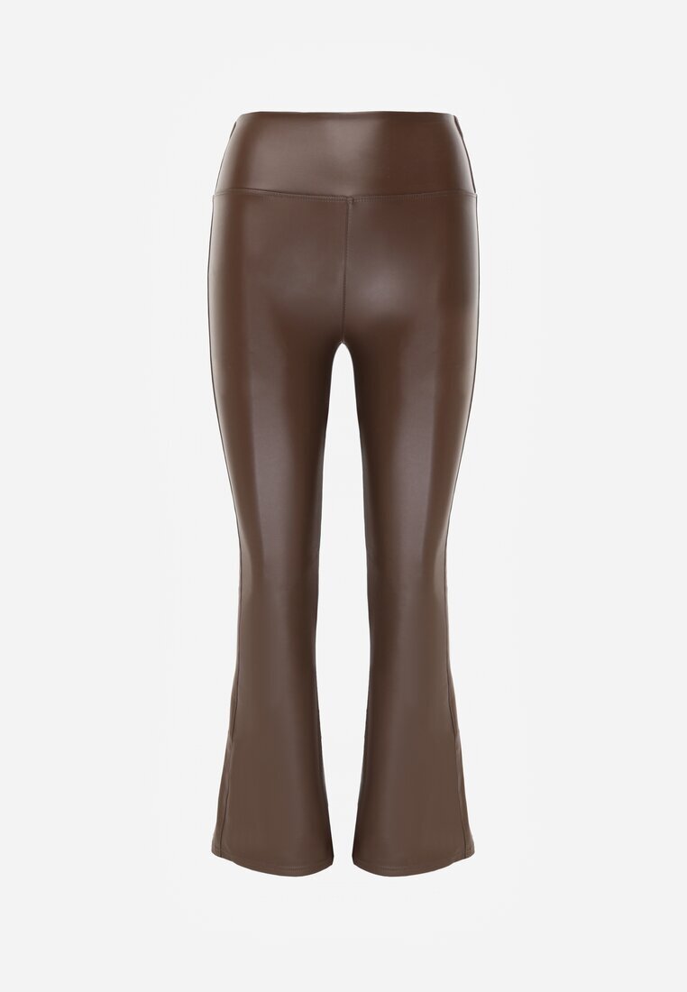 defox Pantaloni Maro cu croi clopot din piele ecologică și cu elastic în talie Dawi