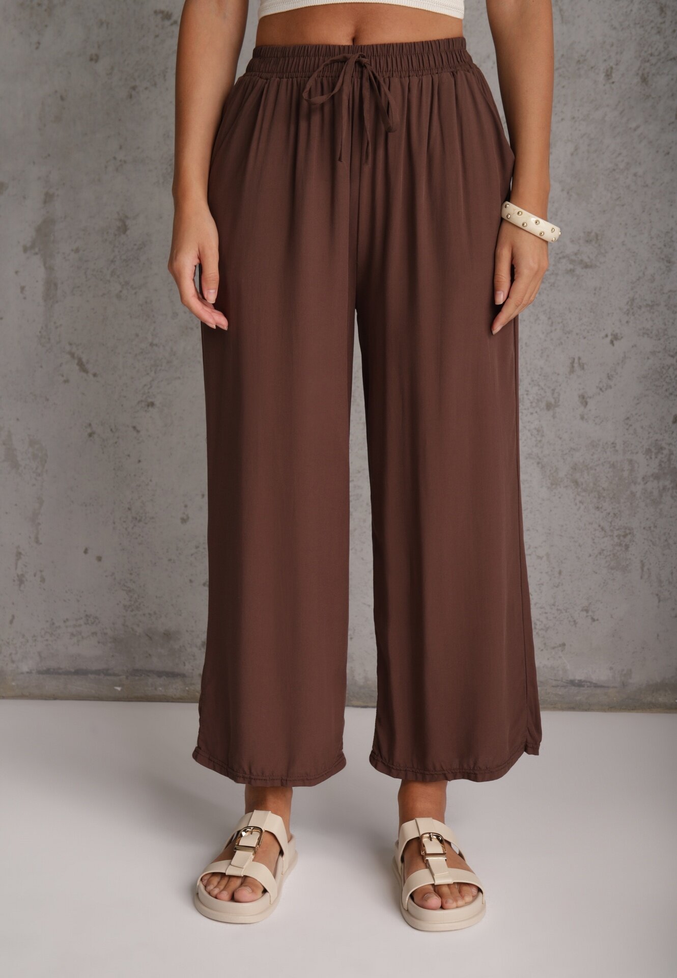defox Pantaloni Maro din Bumbac Tip Palazzo cu Elastic în Talie Fieana