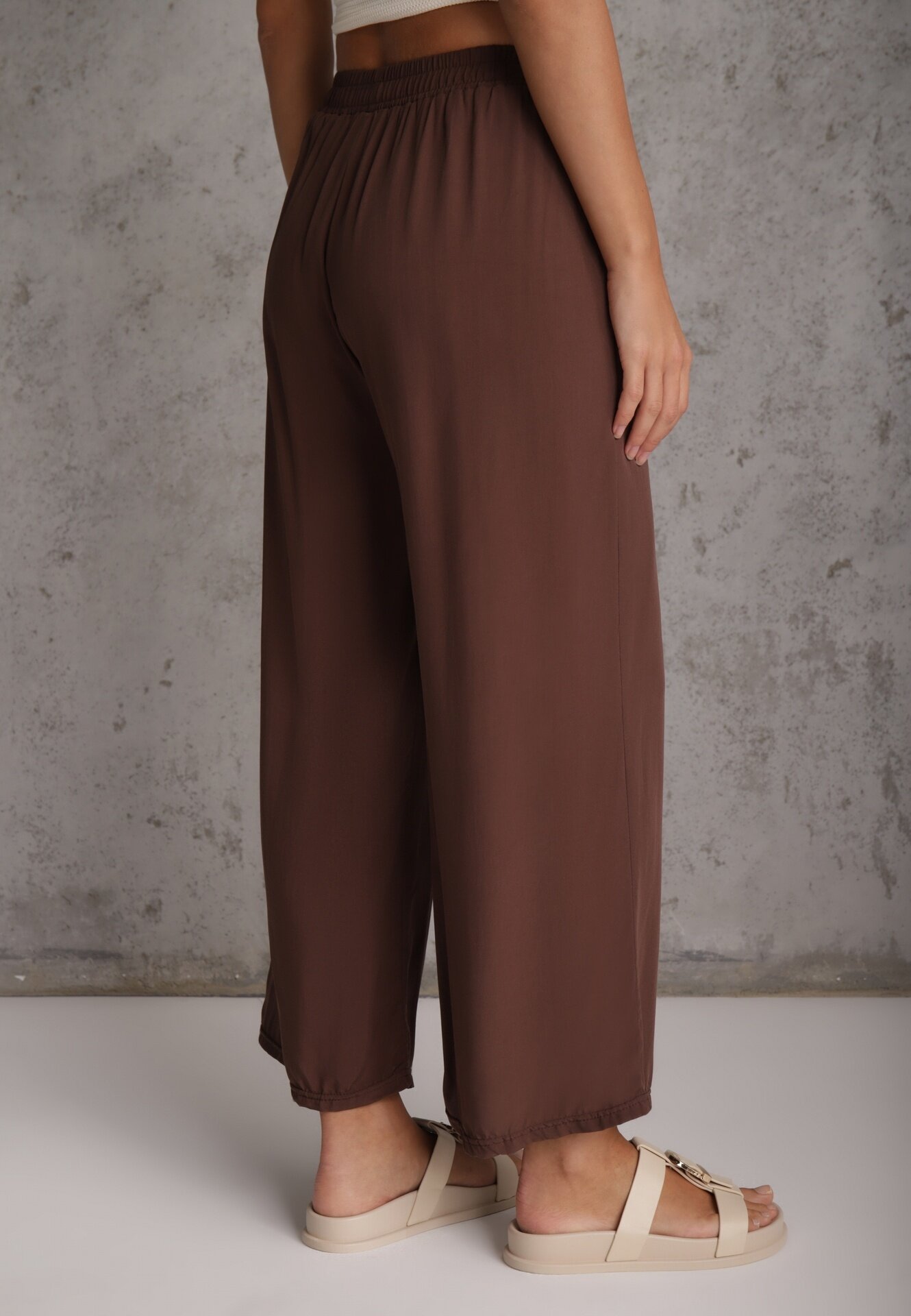defox Pantaloni Maro din Bumbac Tip Palazzo cu Elastic în Talie Fieana