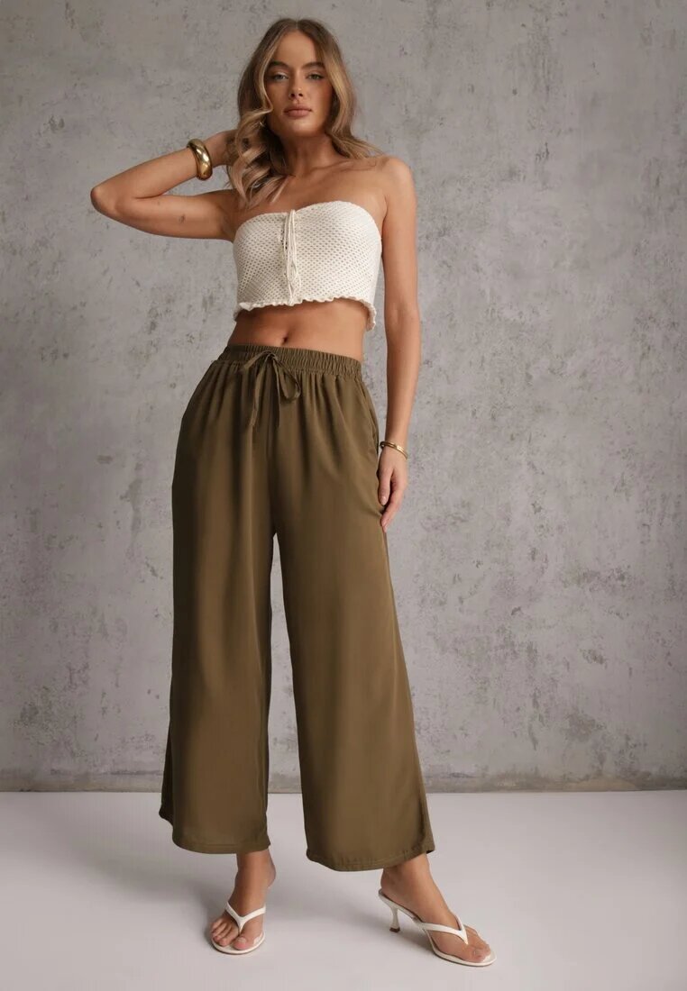 defox Pantaloni Maro din Bumbac Tip Palazzo cu Elastic în Talie Fieana