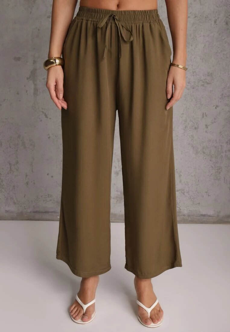 defox Pantaloni Maro din Bumbac Tip Palazzo cu Elastic în Talie Fieana