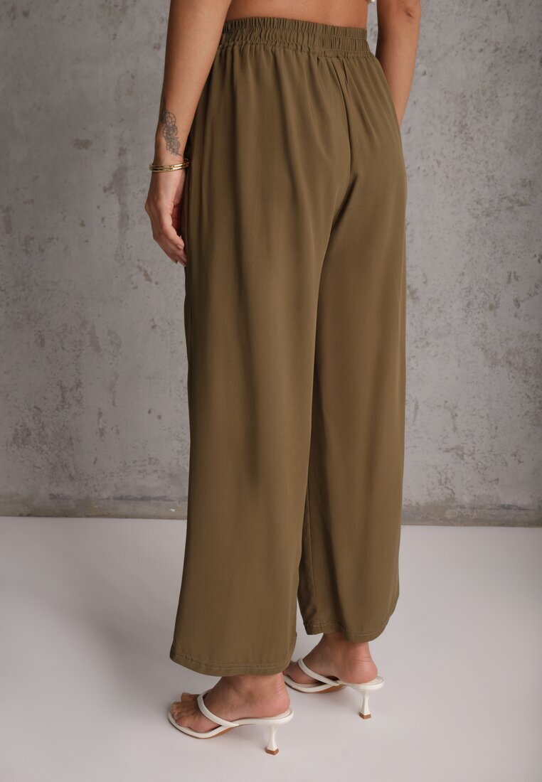 defox Pantaloni Maro din Bumbac Tip Palazzo cu Elastic în Talie Fieana