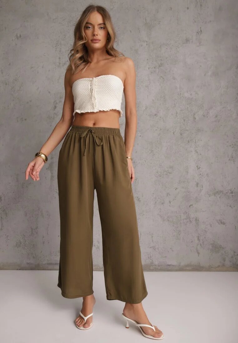 defox Pantaloni Maro din Bumbac Tip Palazzo cu Elastic în Talie Fieana