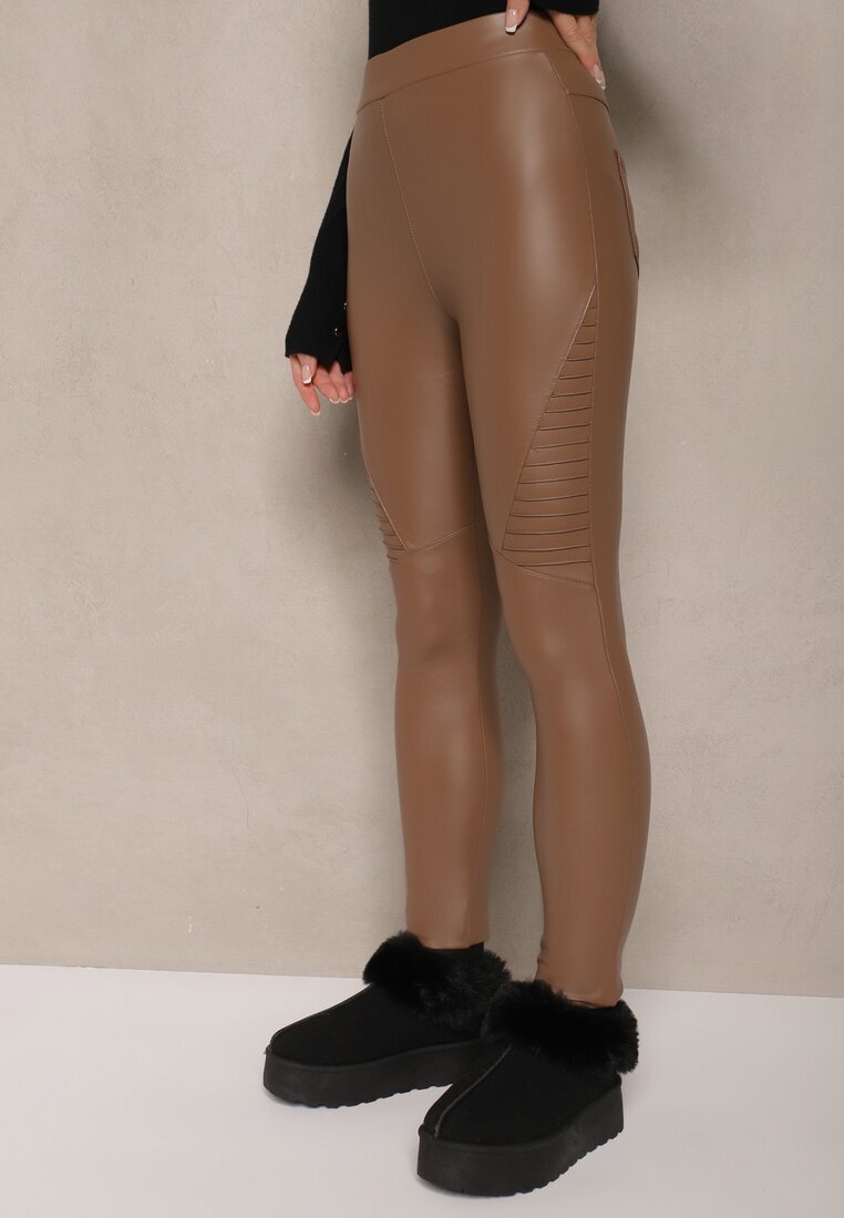 defox Pantaloni Maro din Piele Ecologică Skinny High Waist Căptușiți cu fleece Lavimi