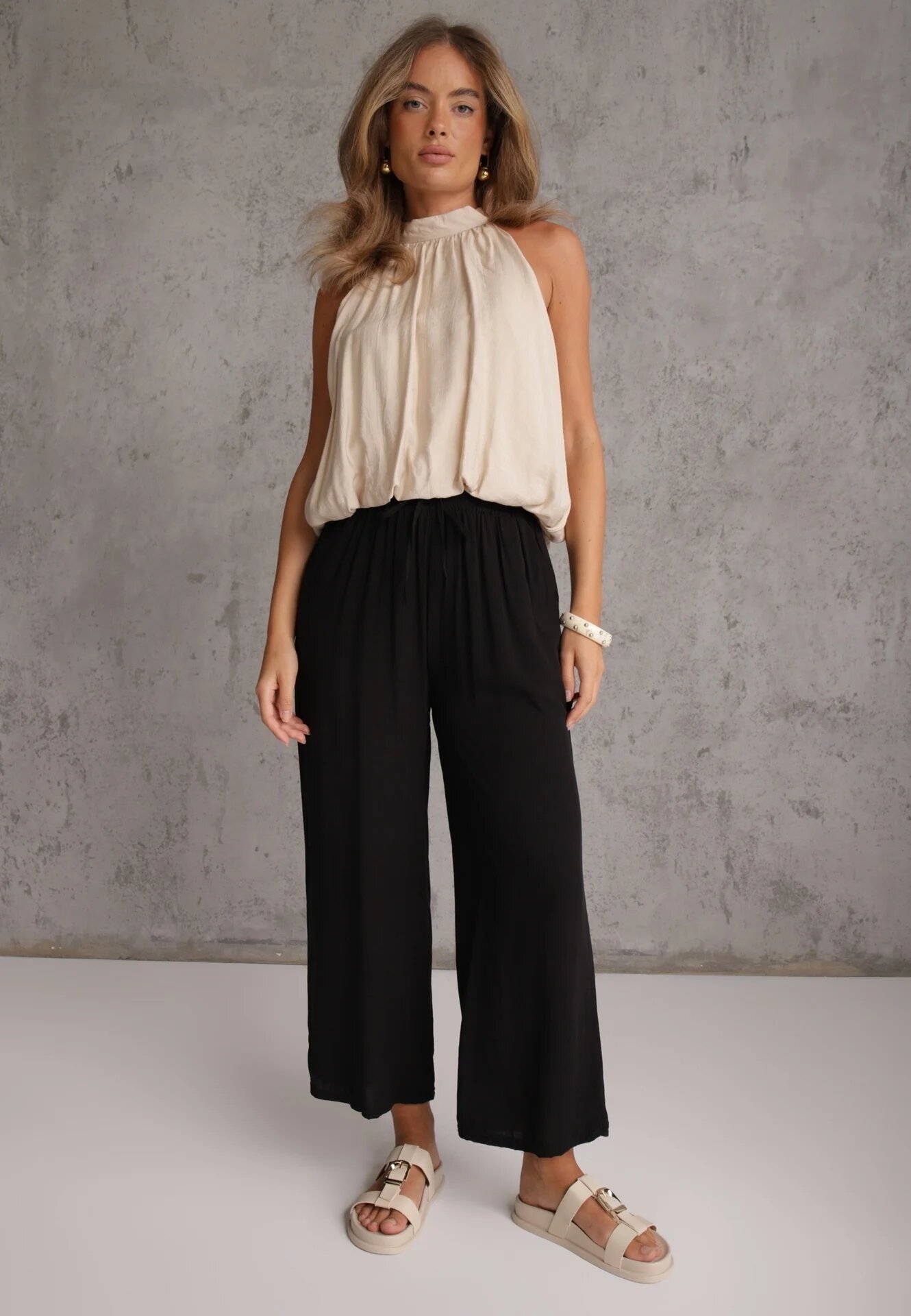 defox Pantaloni Negri din Bumbac Tip Palazzo cu Elastic în Talie Fieana