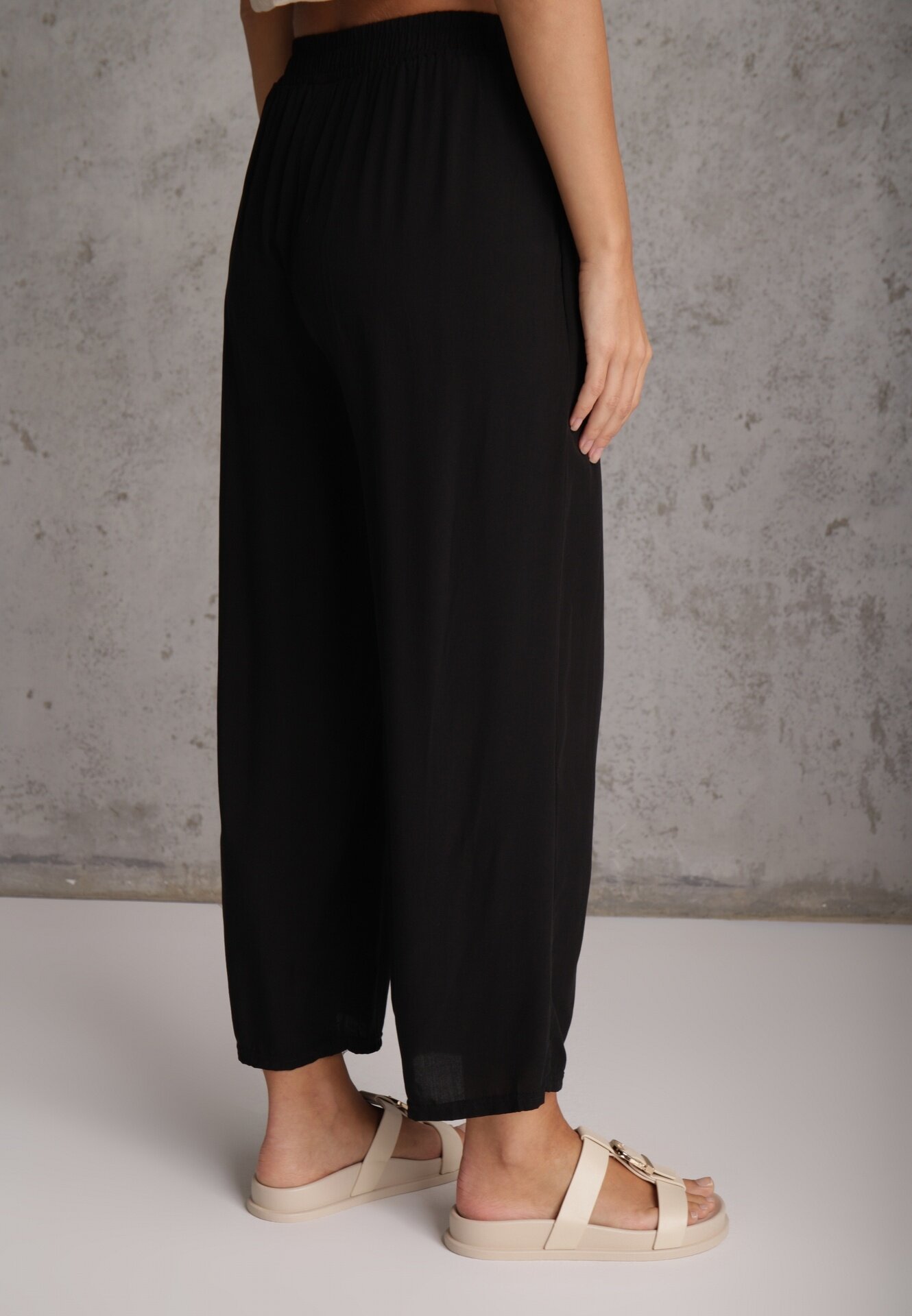 defox Pantaloni Negri din Bumbac Tip Palazzo cu Elastic în Talie Fieana