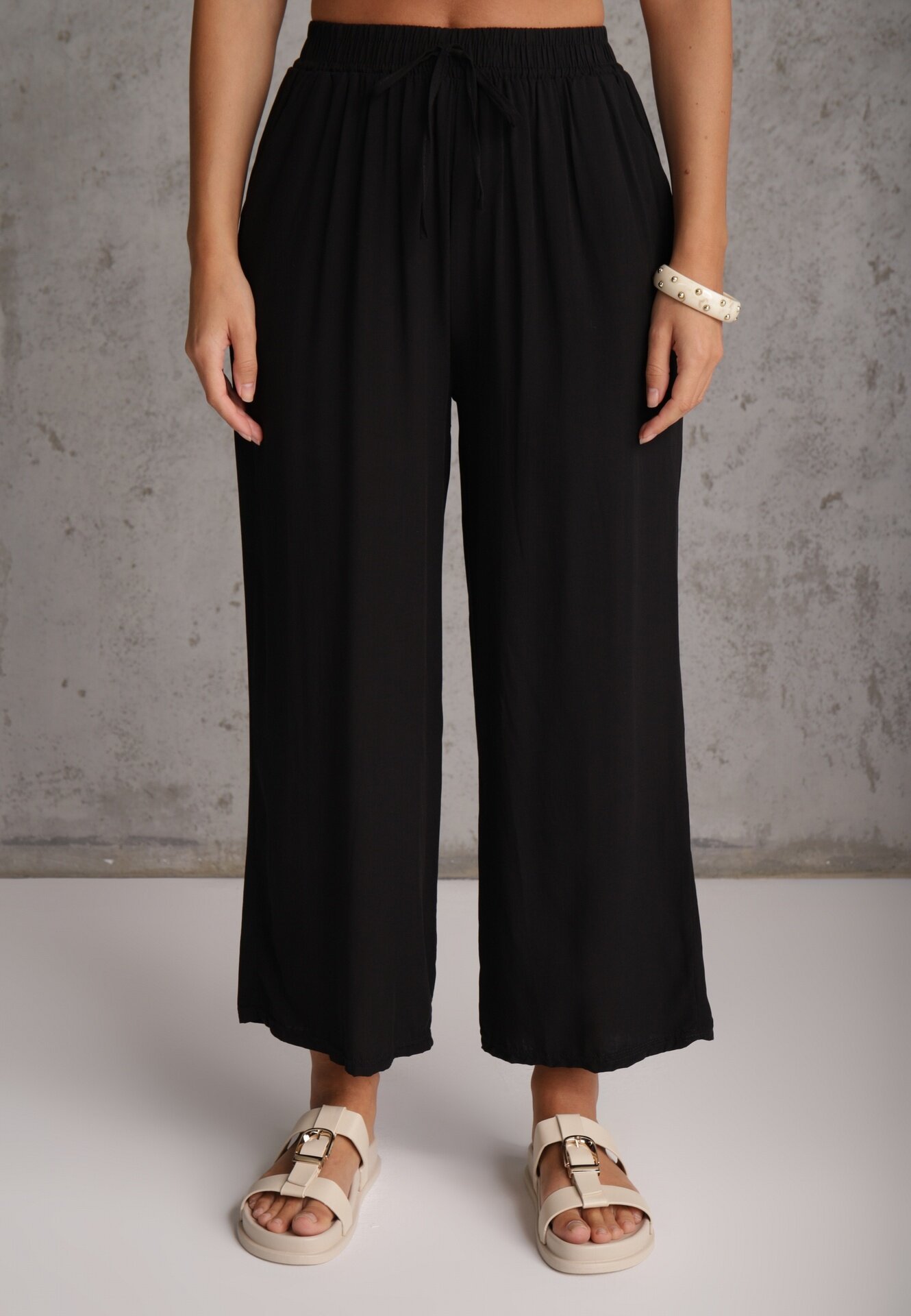 defox Pantaloni Negri din Bumbac Tip Palazzo cu Elastic în Talie Fieana