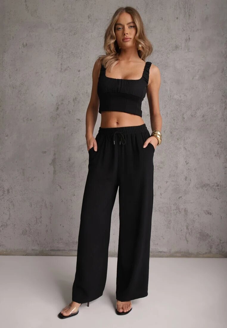 defox Pantaloni Negri High Waist cu șnur în talie și cu picior drept Raveann