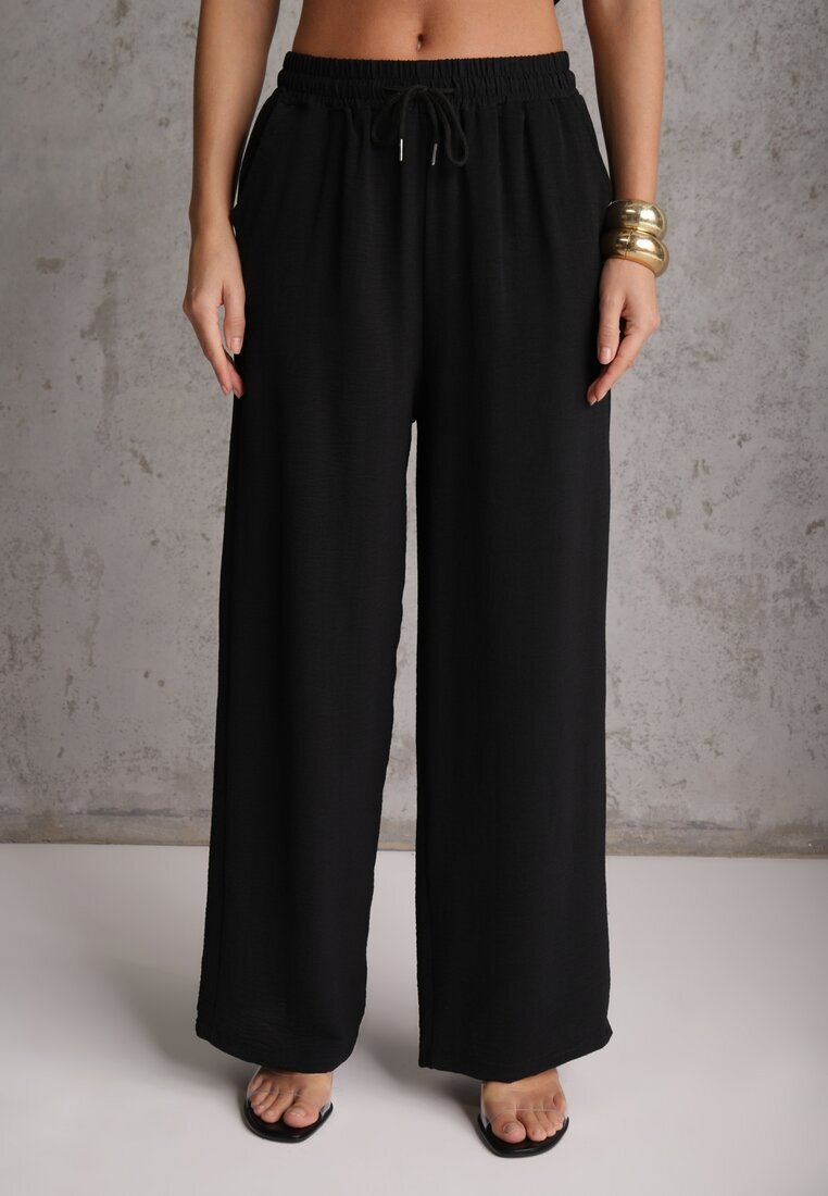 defox Pantaloni Negri High Waist cu șnur în talie și cu picior drept Raveann