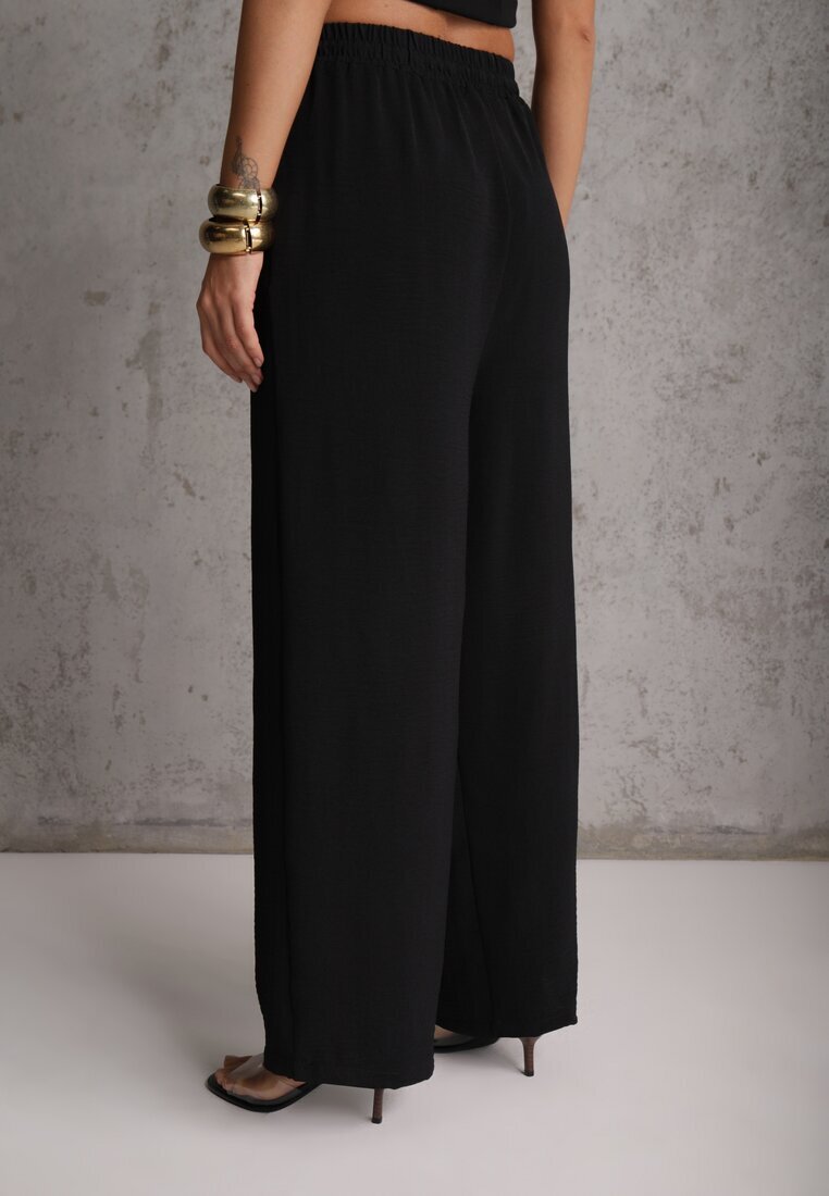 defox Pantaloni Negri High Waist cu șnur în talie și cu picior drept Raveann
