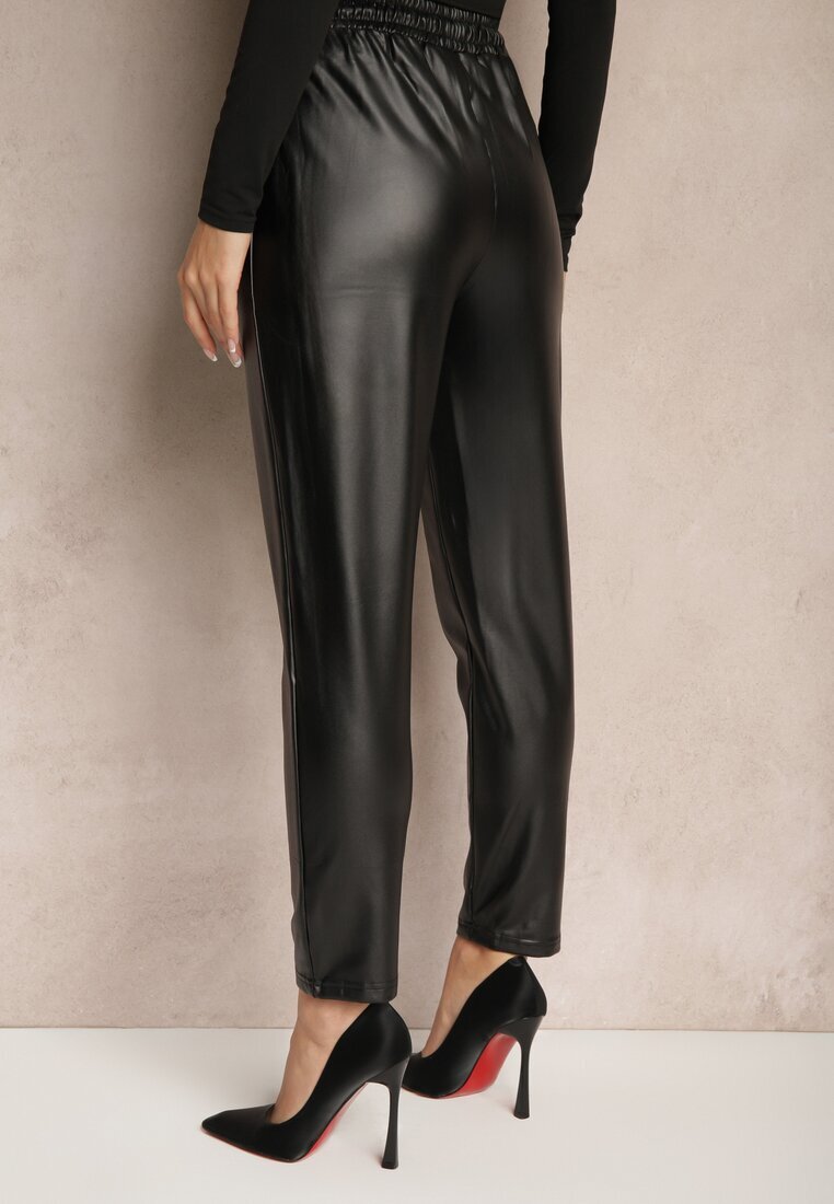 defox Pantaloni Negri Talie Înaltă din Piele Ecologică cu Elastic în Talie Esaleira