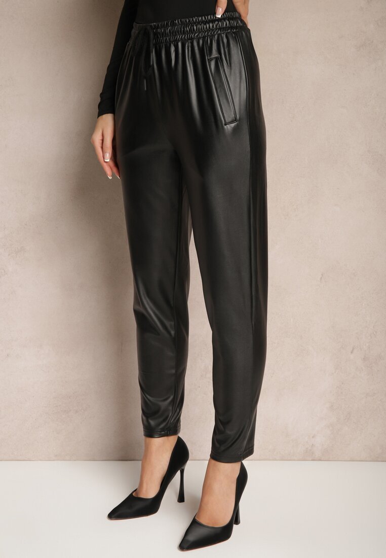 defox Pantaloni Negri Talie Înaltă din Piele Ecologică cu Elastic în Talie Esaleira