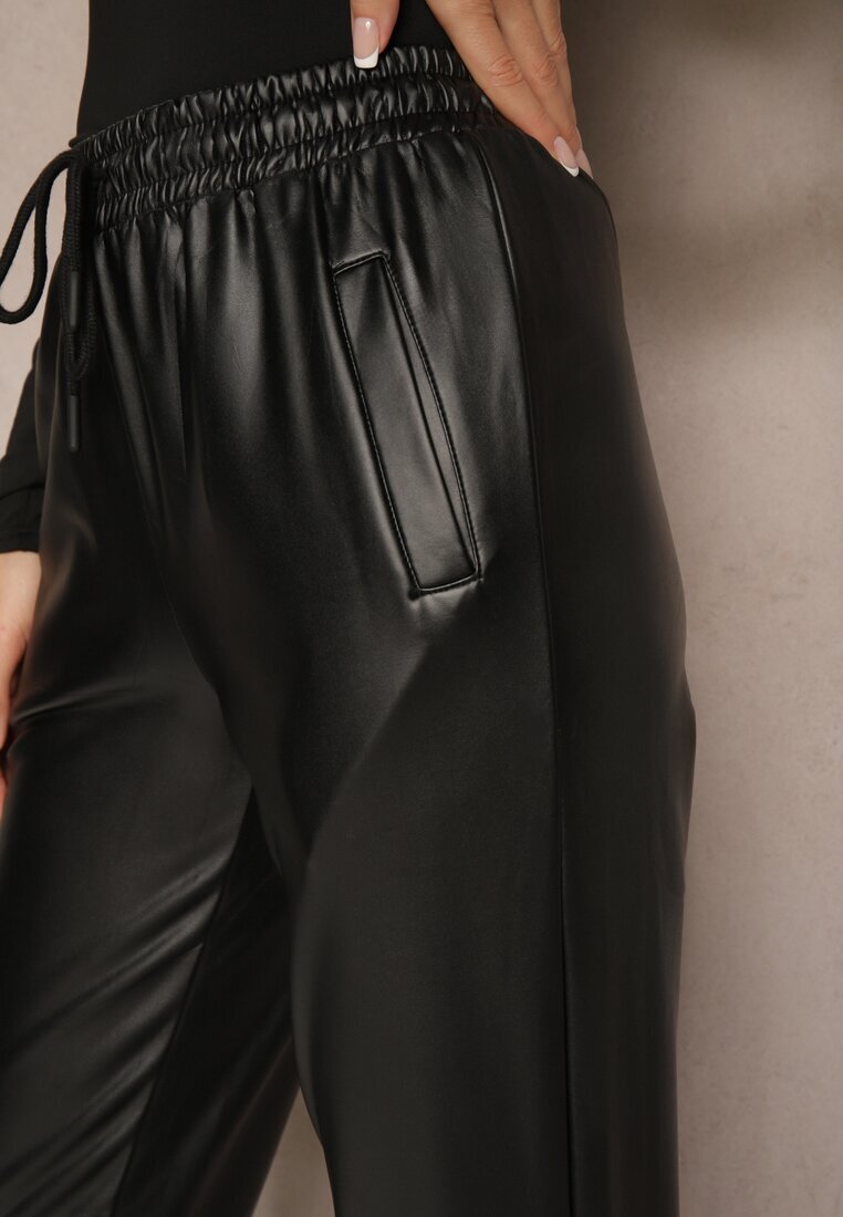 defox Pantaloni Negri Talie Înaltă din Piele Ecologică cu Elastic în Talie Esaleira