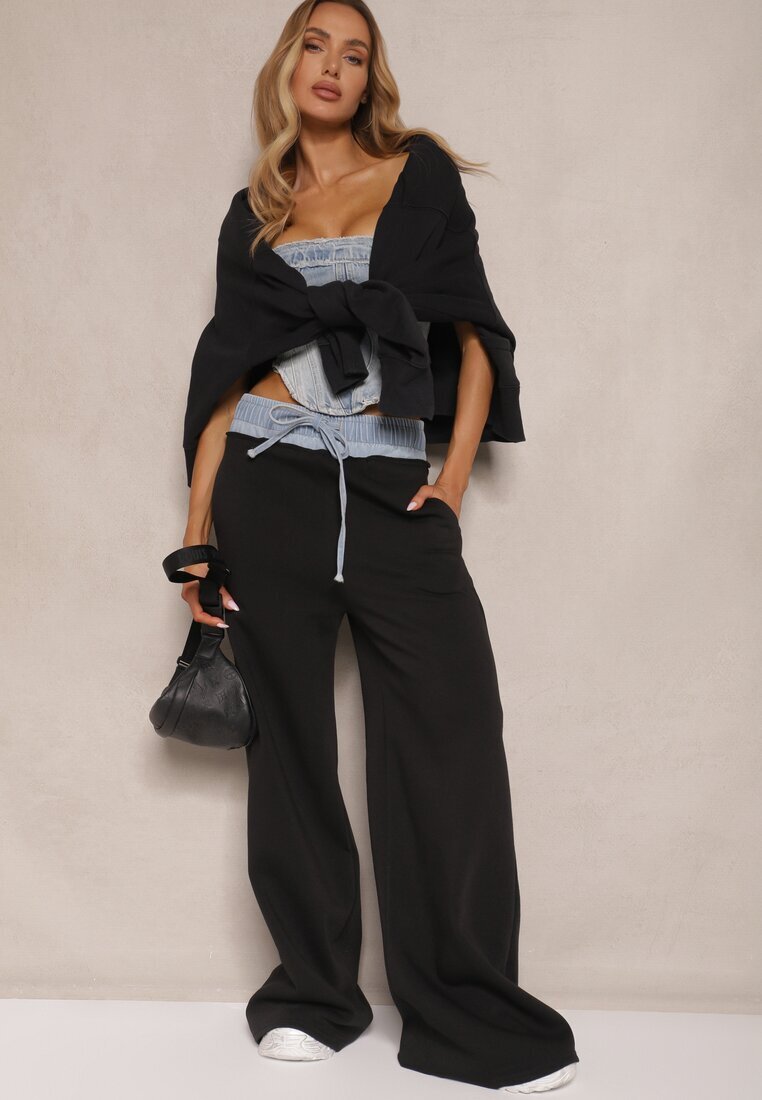 defox Pantaloni Negru-Albastru din Bumbac cu Croială Largă High Waist Decorate cu Șnururi Annoriel