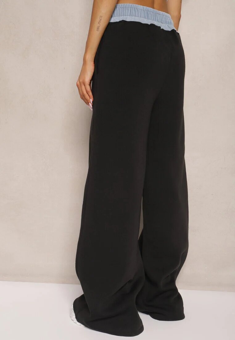 defox Pantaloni Negru-Albastru din Bumbac cu Croială Largă High Waist Decorate cu Șnururi Annoriel