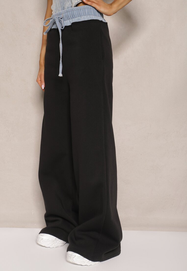 defox Pantaloni Negru-Albastru din Bumbac cu Croială Largă High Waist Decorate cu Șnururi Annoriel