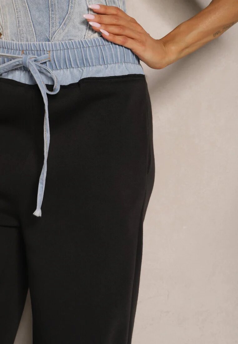 defox Pantaloni Negru-Albastru din Bumbac cu Croială Largă High Waist Decorate cu Șnururi Annoriel