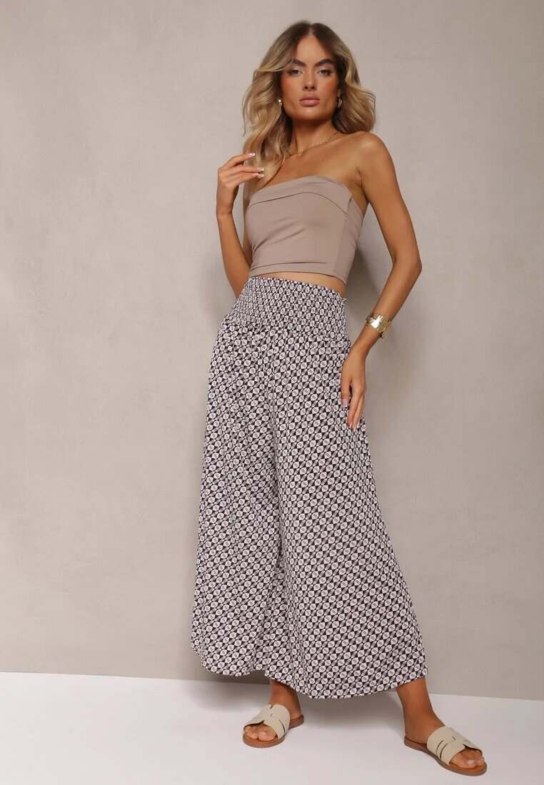 defox Pantaloni Negru-Bej High Waist din Bumbac cu Picioare Evazate și Bandă Elastică Nereialla