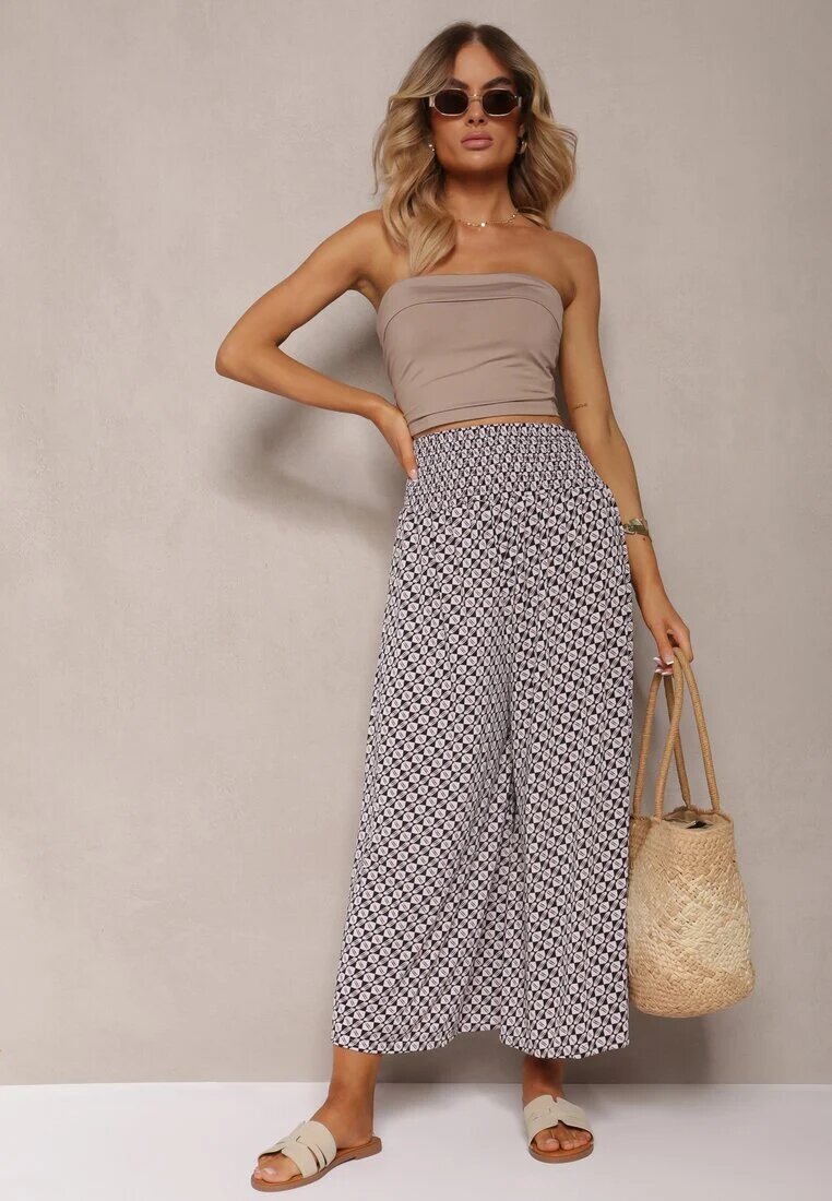 defox Pantaloni Negru-Bej High Waist din Bumbac cu Picioare Evazate și Bandă Elastică Nereialla