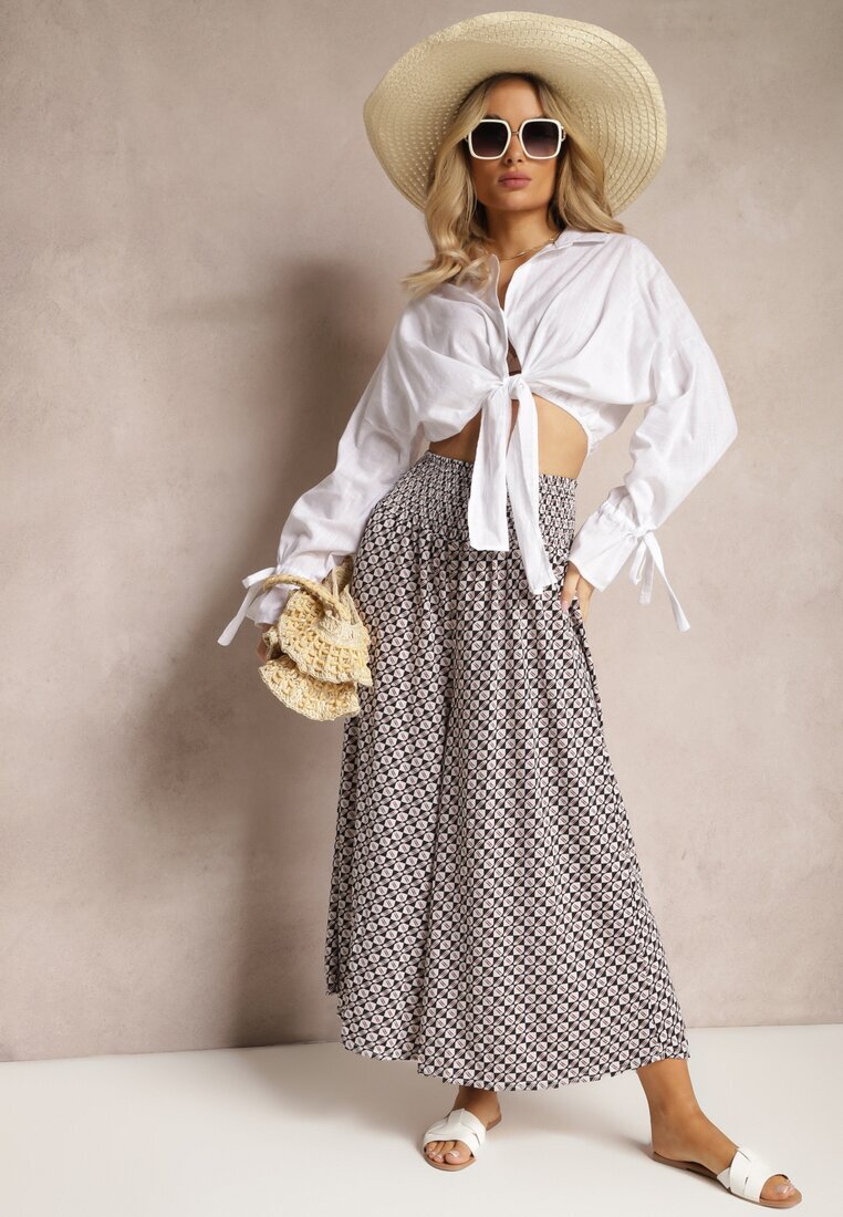 defox Pantaloni Negru-Bej High Waist din Bumbac cu Picioare Evazate și Bandă Elastică Nereialla