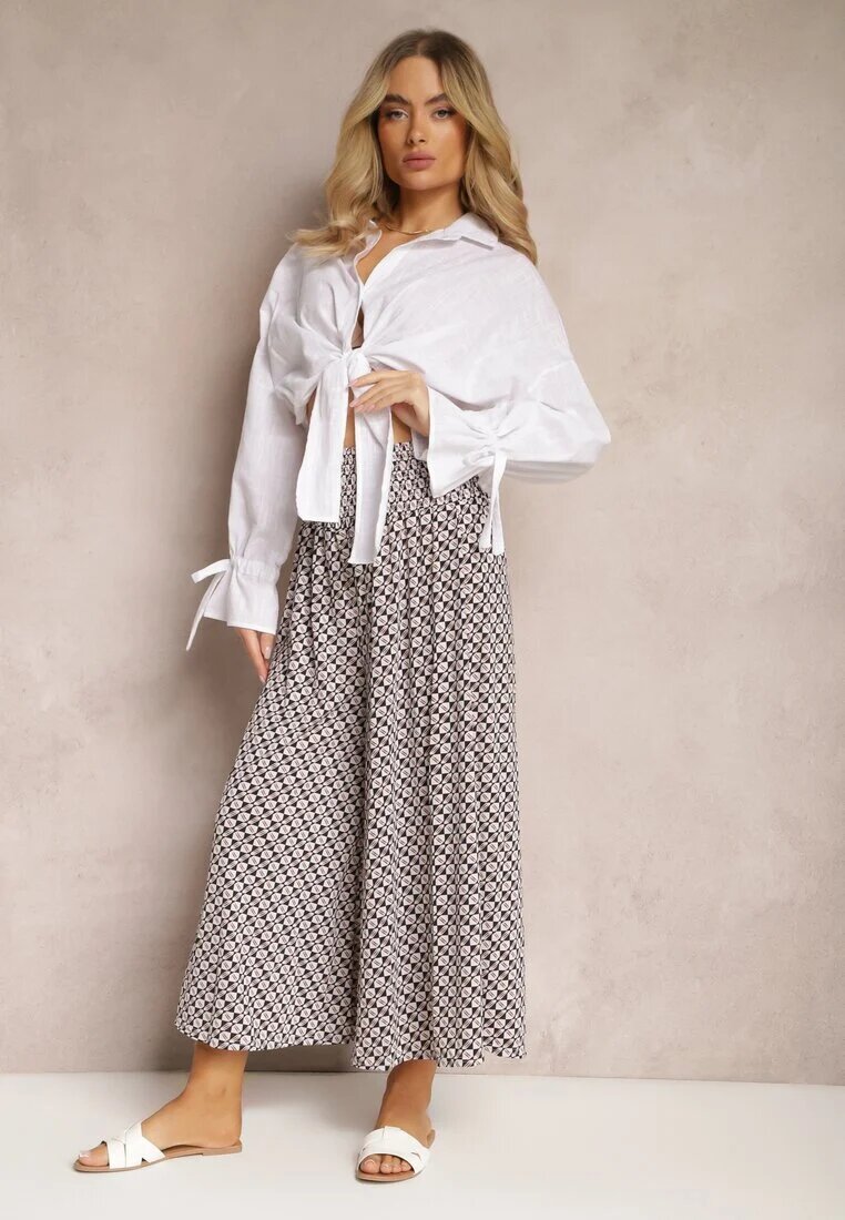 defox Pantaloni Negru-Bej High Waist din Bumbac cu Picioare Evazate și Bandă Elastică Nereialla