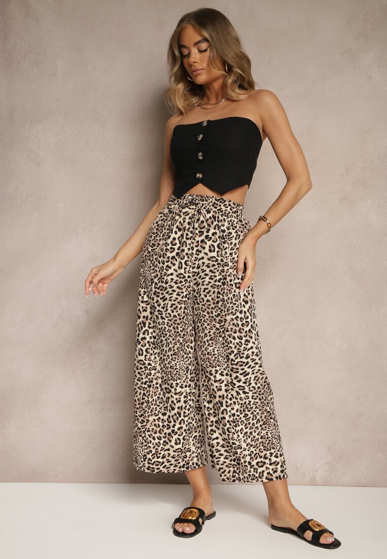 defox Pantaloni Negru-Bej Wide Leg cu elastic în talie cu model leopard Filanira