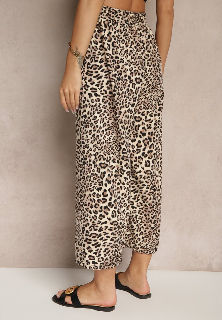 defox Pantaloni Negru-Bej Wide Leg cu elastic în talie cu model leopard Filanira