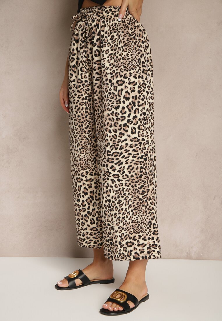 defox Pantaloni Negru-Bej Wide Leg cu elastic în talie cu model leopard Filanira