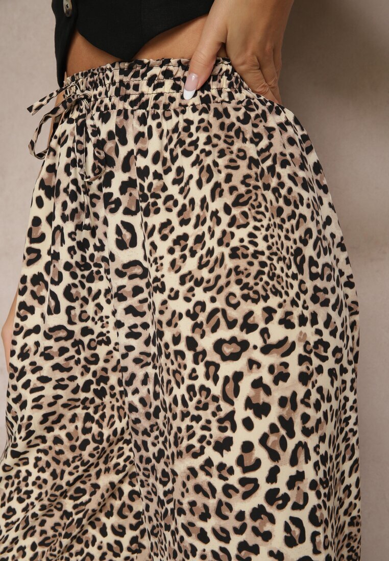 defox Pantaloni Negru-Bej Wide Leg cu elastic în talie cu model leopard Filanira