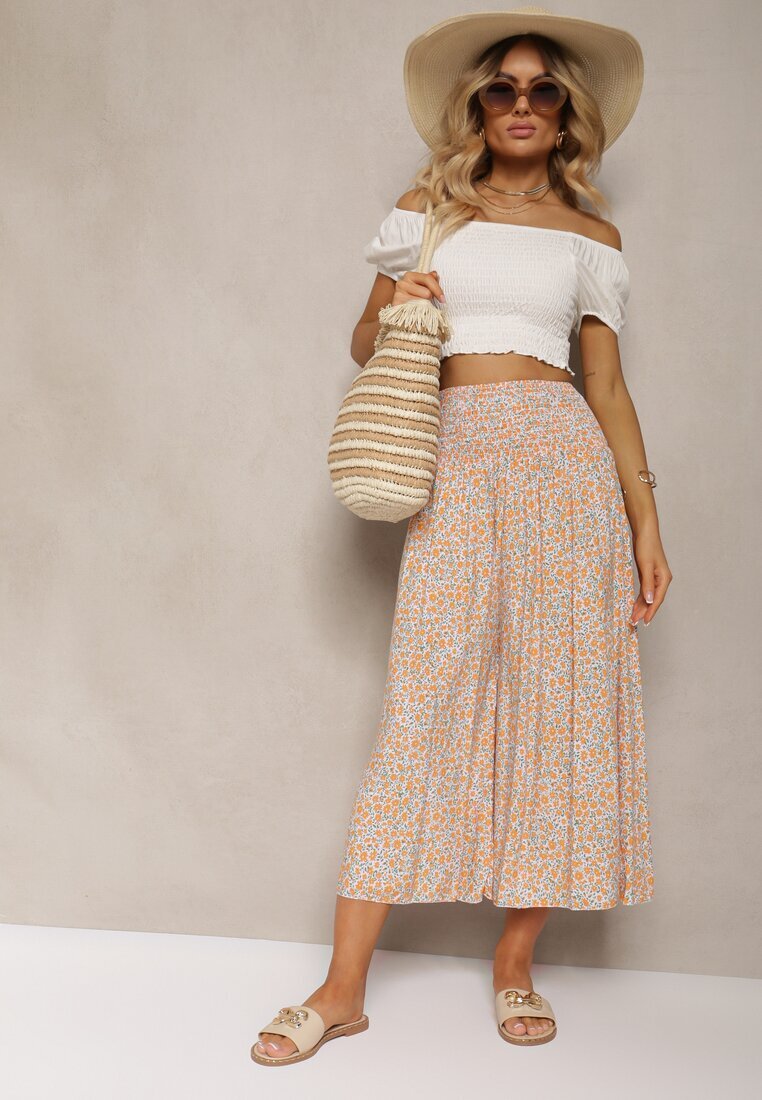 defox Pantaloni portocaliu-albastru din bumbac cu picioare largi 7/8 cu flori Aliana