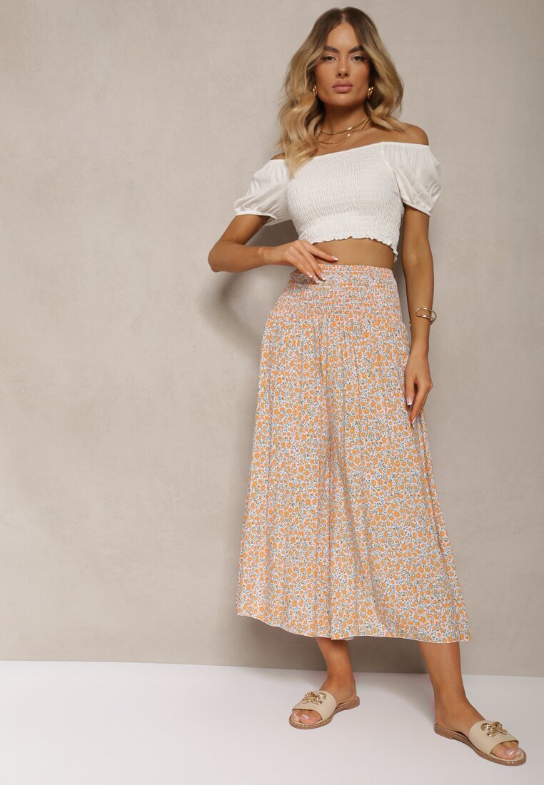 defox Pantaloni portocaliu-albastru din bumbac cu picioare largi 7/8 cu flori Aliana