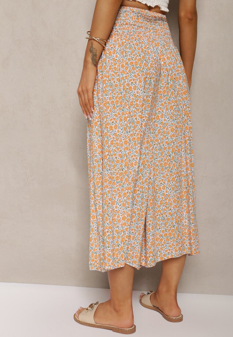 defox Pantaloni portocaliu-albastru din bumbac cu picioare largi 7/8 cu flori Aliana