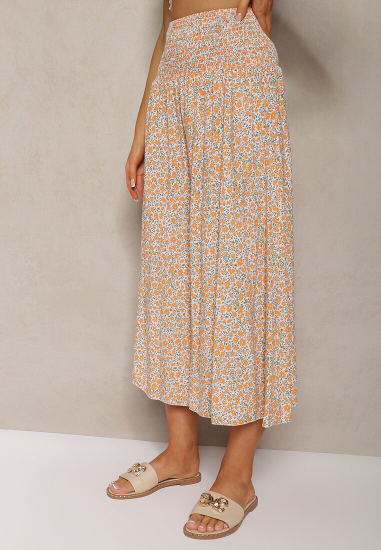 defox Pantaloni portocaliu-albastru din bumbac cu picioare largi 7/8 cu flori Aliana