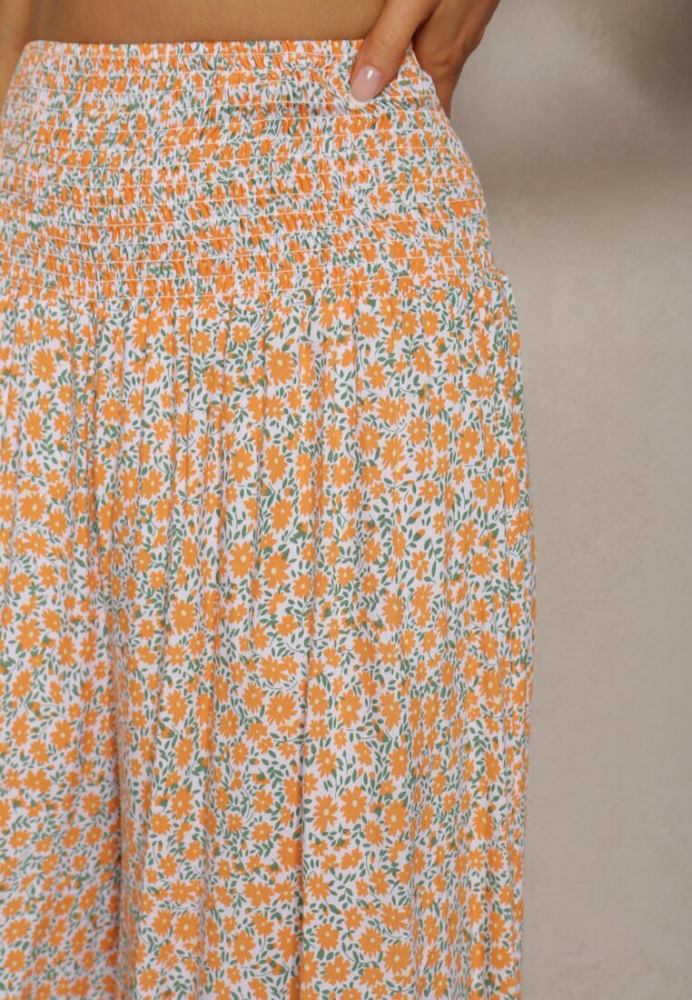 defox Pantaloni portocaliu-albastru din bumbac cu picioare largi 7/8 cu flori Aliana