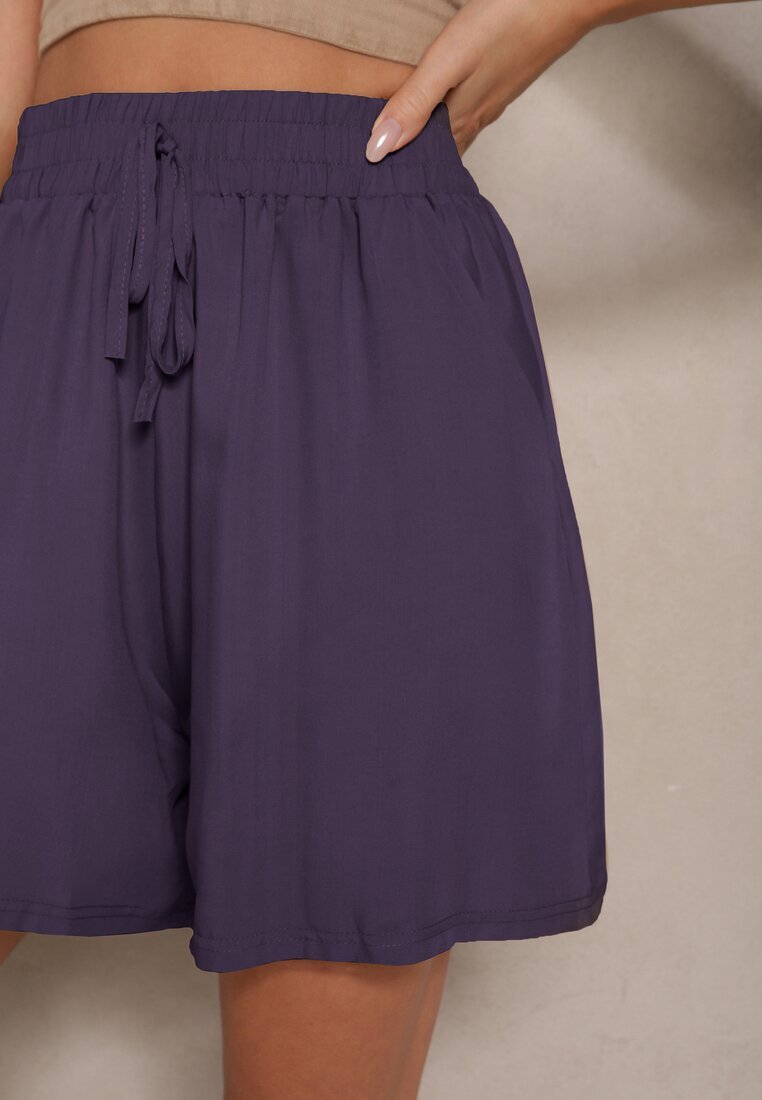 defox Pantaloni scurți Bleumarin din bumbac High Waist decorate cu legătură Selmio
