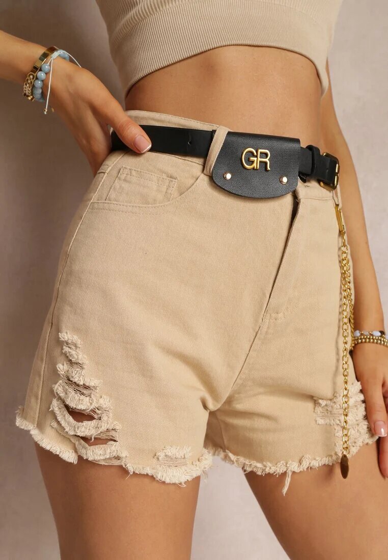 defox Pantaloni scurți din bumbac bej High Waist cu curea cu lanț detașabil Priseis