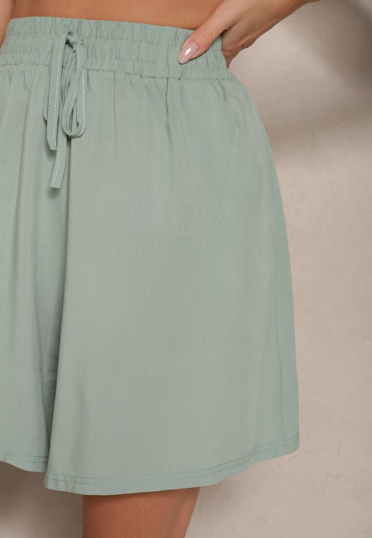 defox Pantaloni scurți Verde deschis din bumbac High Waist decorați cu șnur Selmio