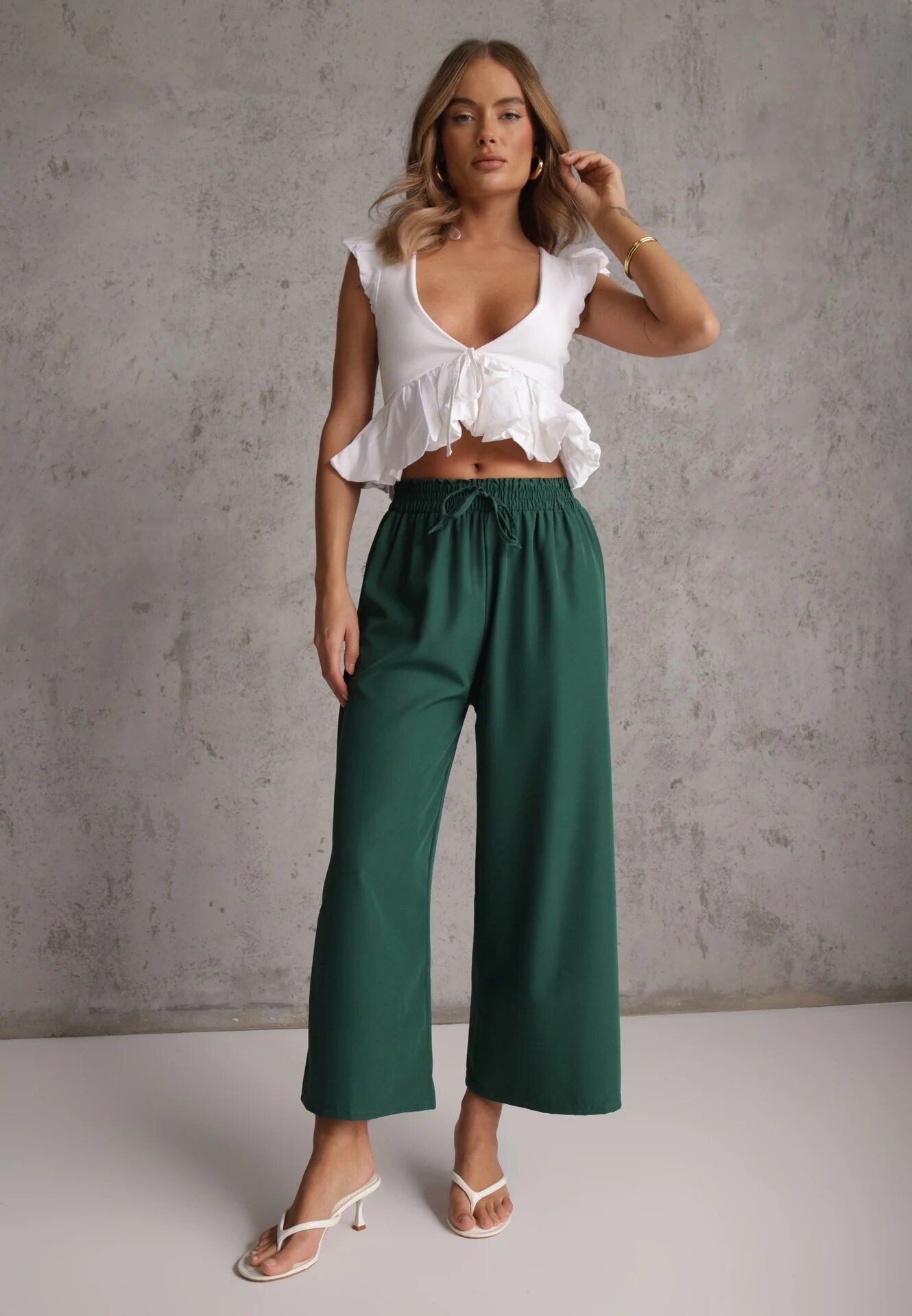 defox Pantaloni Verde închis Talie înaltă cu picioare largi din viscoză finisați cu elastic în talie Crisantas