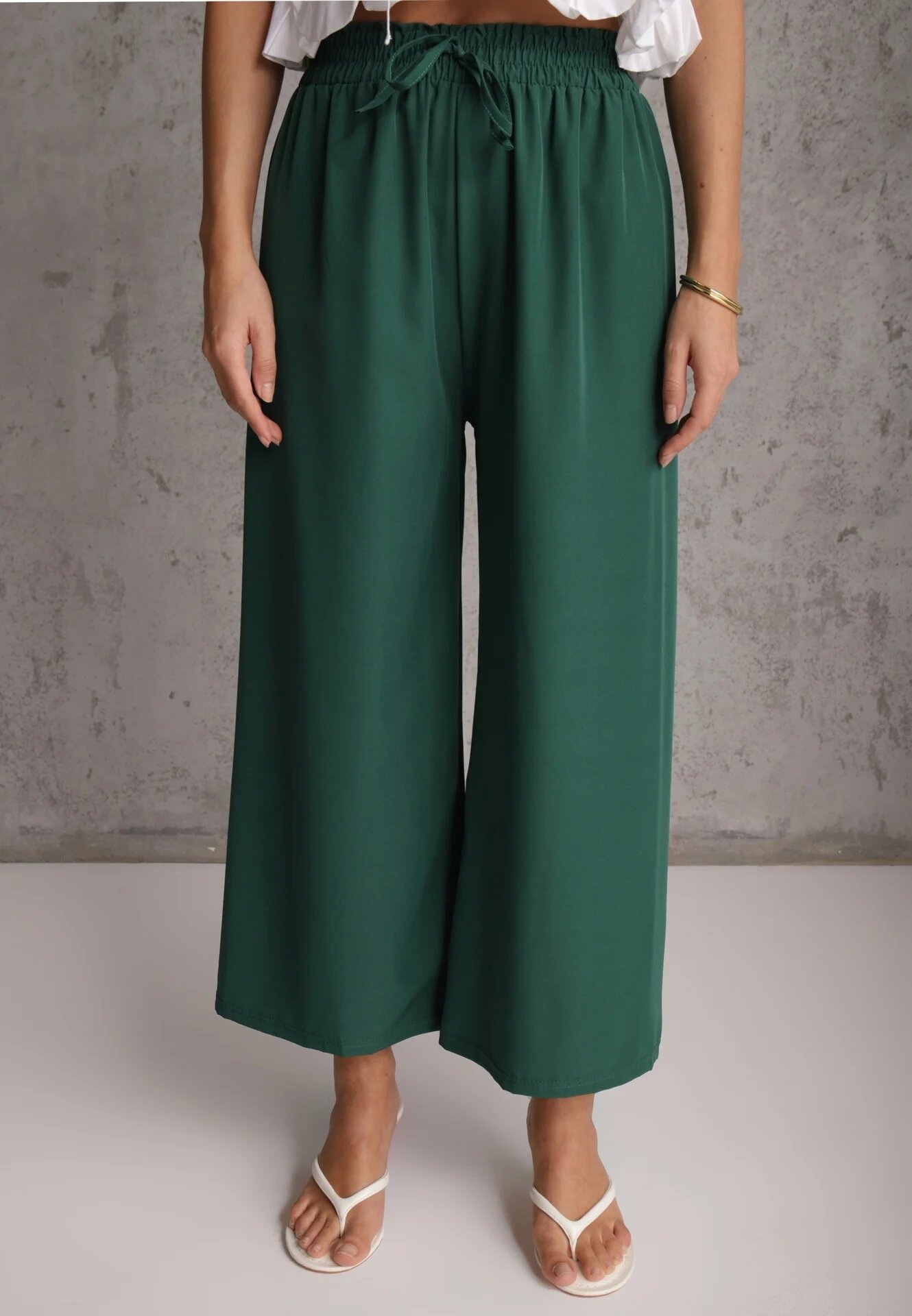 defox Pantaloni Verde închis Talie înaltă cu picioare largi din viscoză finisați cu elastic în talie Crisantas