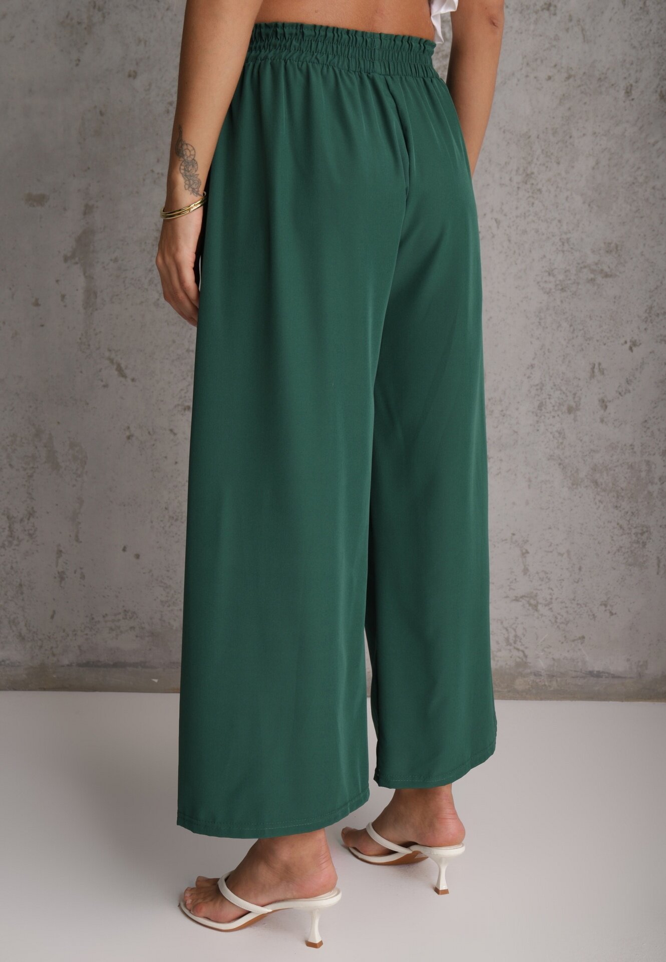 defox Pantaloni Verde închis Talie înaltă cu picioare largi din viscoză finisați cu elastic în talie Crisantas