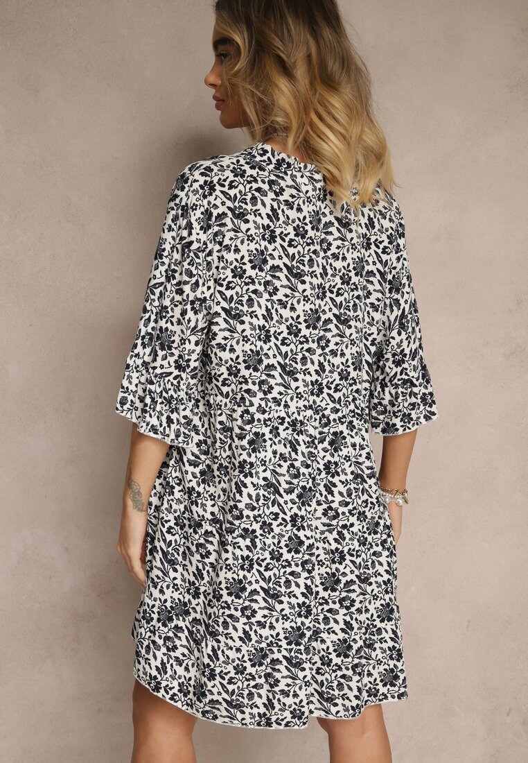 defox Rochie Alb-Bleumarin Cloș din Bumbac Decorată cu Model Floral Jenelitia