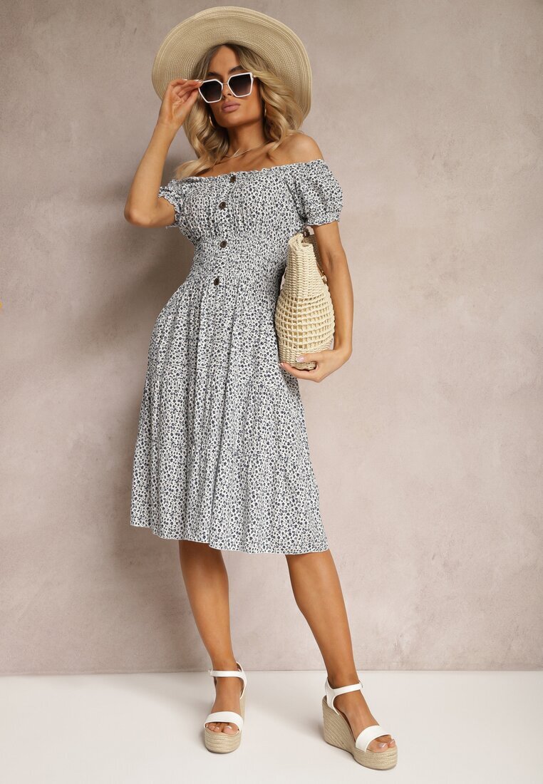 defox Rochie Alb-bleumarin Florală din bumbac cu elastic în talie Herata