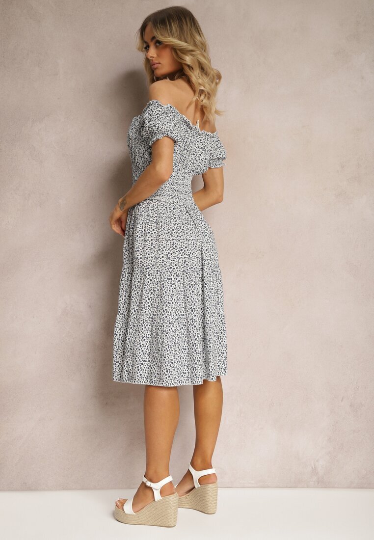 defox Rochie Alb-bleumarin Florală din bumbac cu elastic în talie Herata