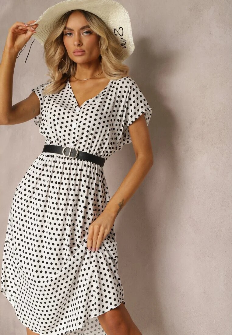 defox Rochie Alb-Negru din Bumbac cu Croială Cloș cu Elastic în Talie Emilla