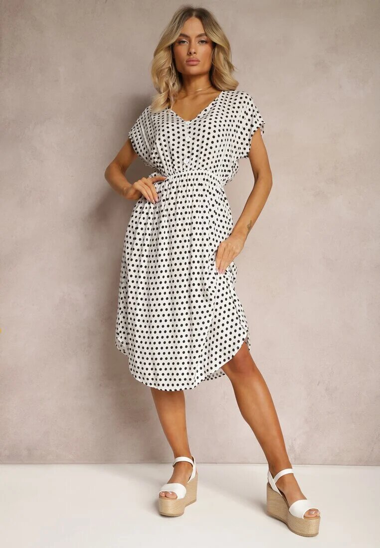defox Rochie Alb-Negru din Bumbac cu Croială Cloș cu Elastic în Talie Emilla