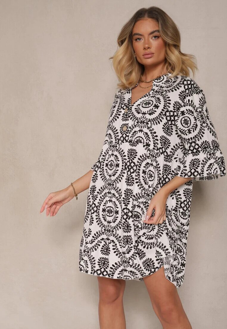 defox Rochie Alb-Negru din Bumbac cu Croială Cloș Decorată cu Nasturi Janivra