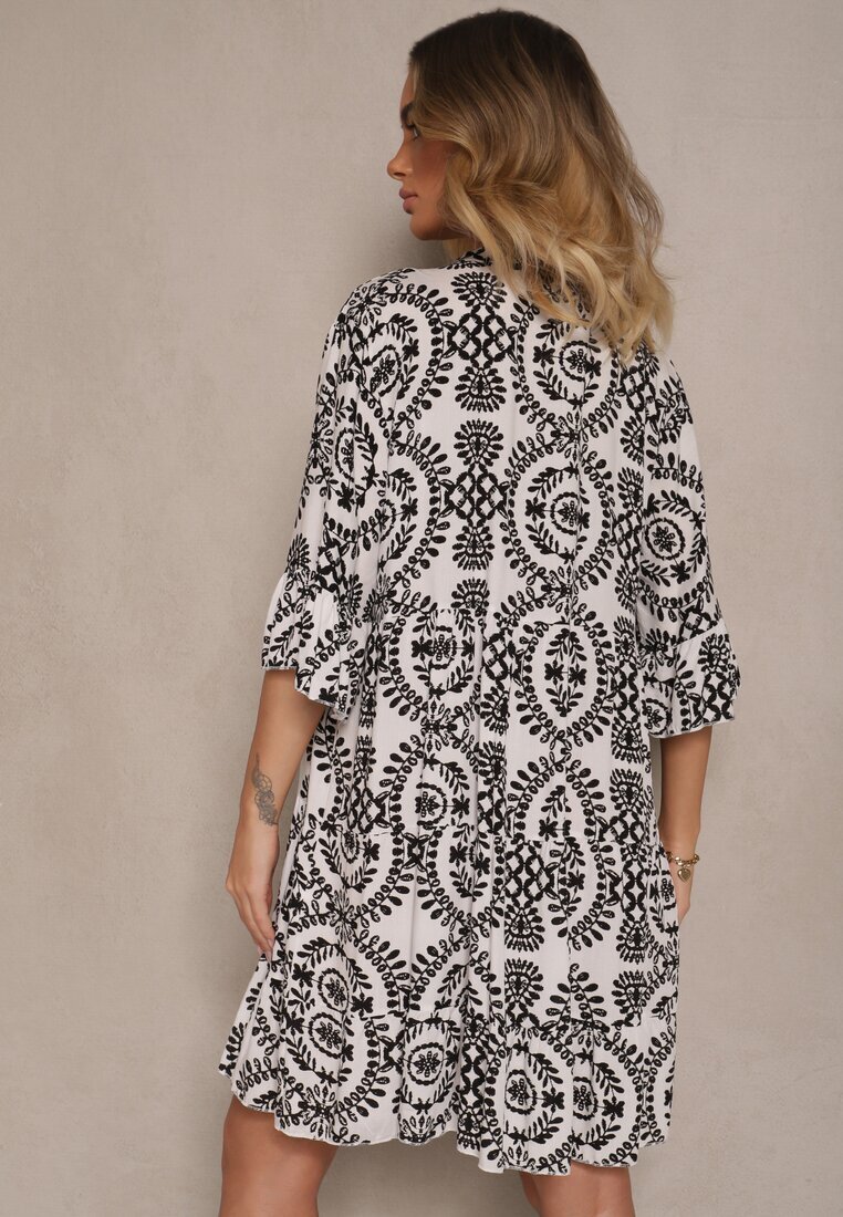 defox Rochie Alb-Negru din Bumbac cu Croială Cloș Decorată cu Nasturi Janivra